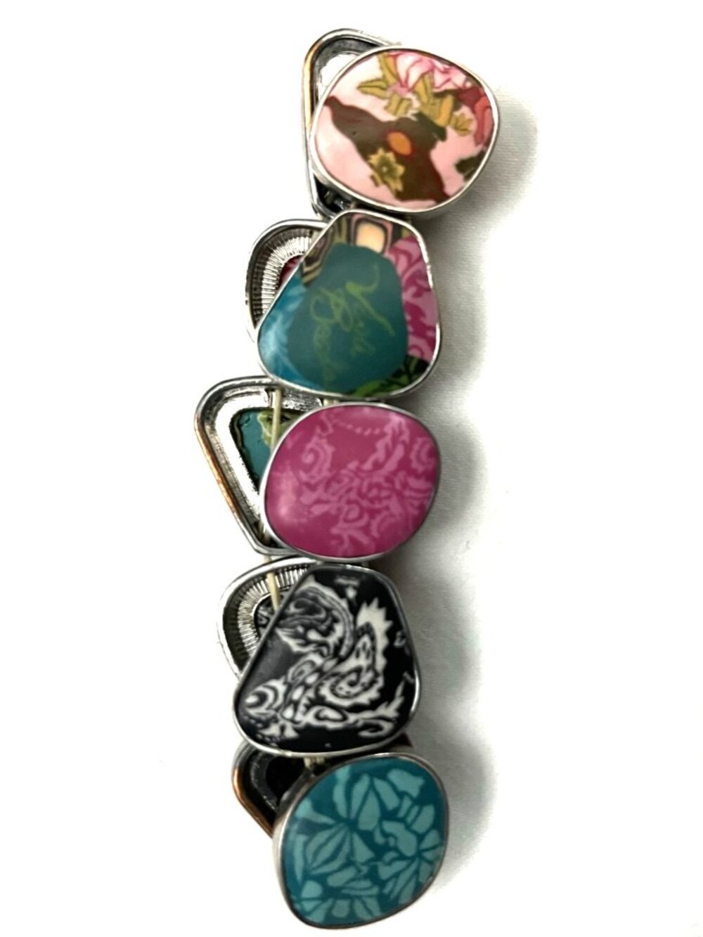 Viva Bead Multi-Color Polymer Clay Stretch Bracelet Handmade Silver Bezel NWOT